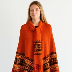 Tejidos Intihuatana Vtg Alpaca Poncho Cusco Peruvian Orange Aztec Fringe Boho OS